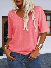 NEW Women's Oversized V-Neck Half Sleeve Loose Fit Solid Color Casual T-Shirt