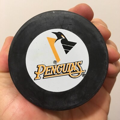 Vintage Pittsburgh Penguins Two-Sided Ice Hockey In Glas Co Logo Puck NHL