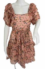 LOVE SHACK FANCY Dress Size 8 Knee SILK Pink Floral Tie Waist Bow Puff Ruffle