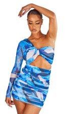 PrettyLittleThing Women Sz 6 M Blue Abstract Cut Out Mini Dress One Sleeve Sexy