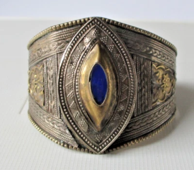 Ancien superbe grand bracelet ethnique rigide ouvert argenté cuivré pierre bleue - Photo 1/4