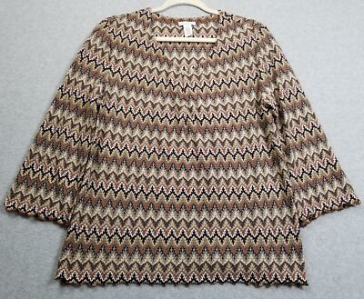 Bechamel Top Women Large Brown Beige All Over Print ¾ Sleeve Blouse Stretch Bold