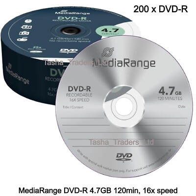 200 x Mediarange DVD-R 4,7GB 16x, 120min nicht bedruckbare Rohlinge Hardcore