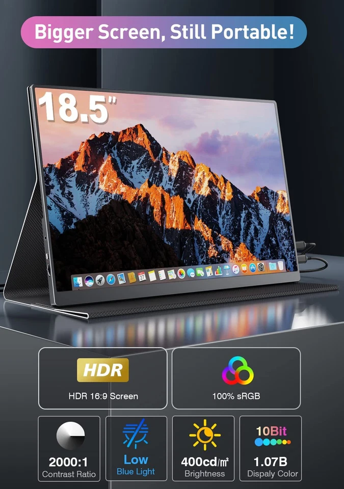 UPERFECT 18.5" Portable Monitor 1920x1080 Gaming Monitor HDMI Screen for PC Xbox - Image 3 of 4