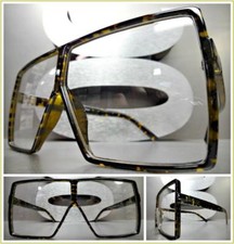 OVERSIZED VINTAGE RETRO SHIELD Style Clear Lens EYE GLASSES Large Tortoise Frame