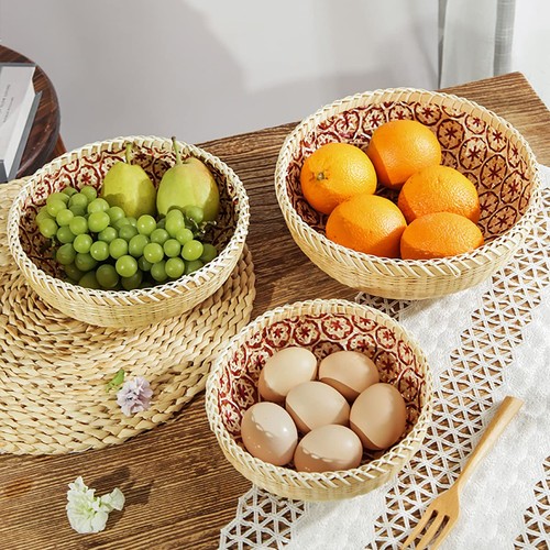 Set Of 3 Wicker Woven Storage Basket Bamboo Bread Basket Round Rattan Serving Ba - Picture 8 of 9
