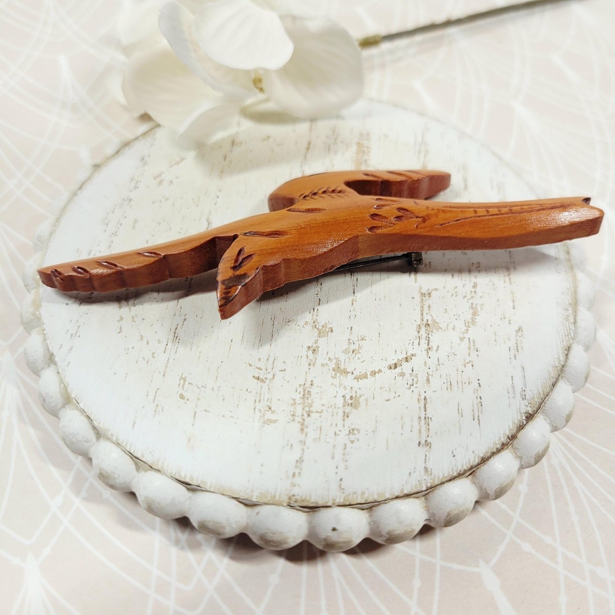 VTG John Davis Bermuda Hand Carved Wooden Longtail Bird Brooch Pin Mid Century View 3