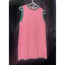 Zara Pink Checkered Knit Mini Dress Green Trim Sleeveless Shift Small