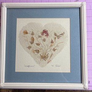 Vintage 90s SIGNED Art Dried Pressed Flowers Leaf Collage Wood Frame Heart