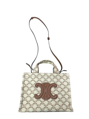 CELINE Triomphe Embroidered Canvas Cabas Tote Bag Small White Tan Gold Hardware
