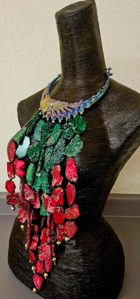 Sea Sediment Slab Statement Necklace: Red & Green Artisan Chest Piece - Luxury