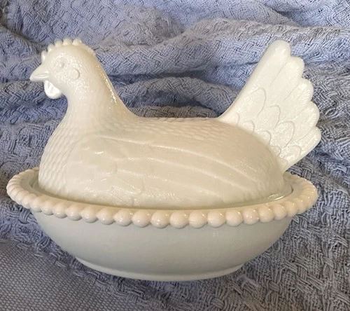 Vintage Indiana Glass White Milk Glass Hen On A Nest Covered Dish Beaded 7"