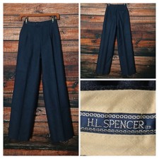 H.L. Spencer Vintage Wool Pants High Rise Pleat Front Wide Leg Navy Blue 23X28