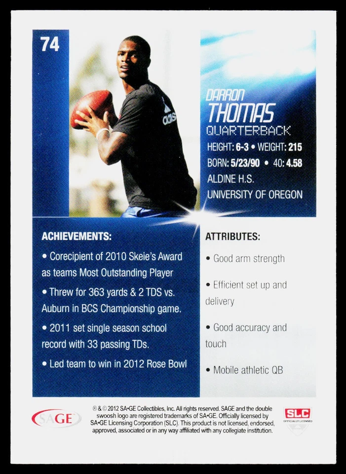 2012 SAGE HIT Darron Thomas #74 Oregon Ducks - Image 2 of 2