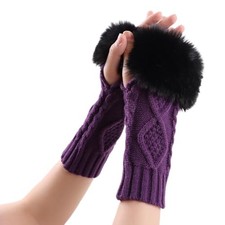 Knit Arm Warmers Faux Fur Fingerless Gloves for Women Winter Wrist Purple