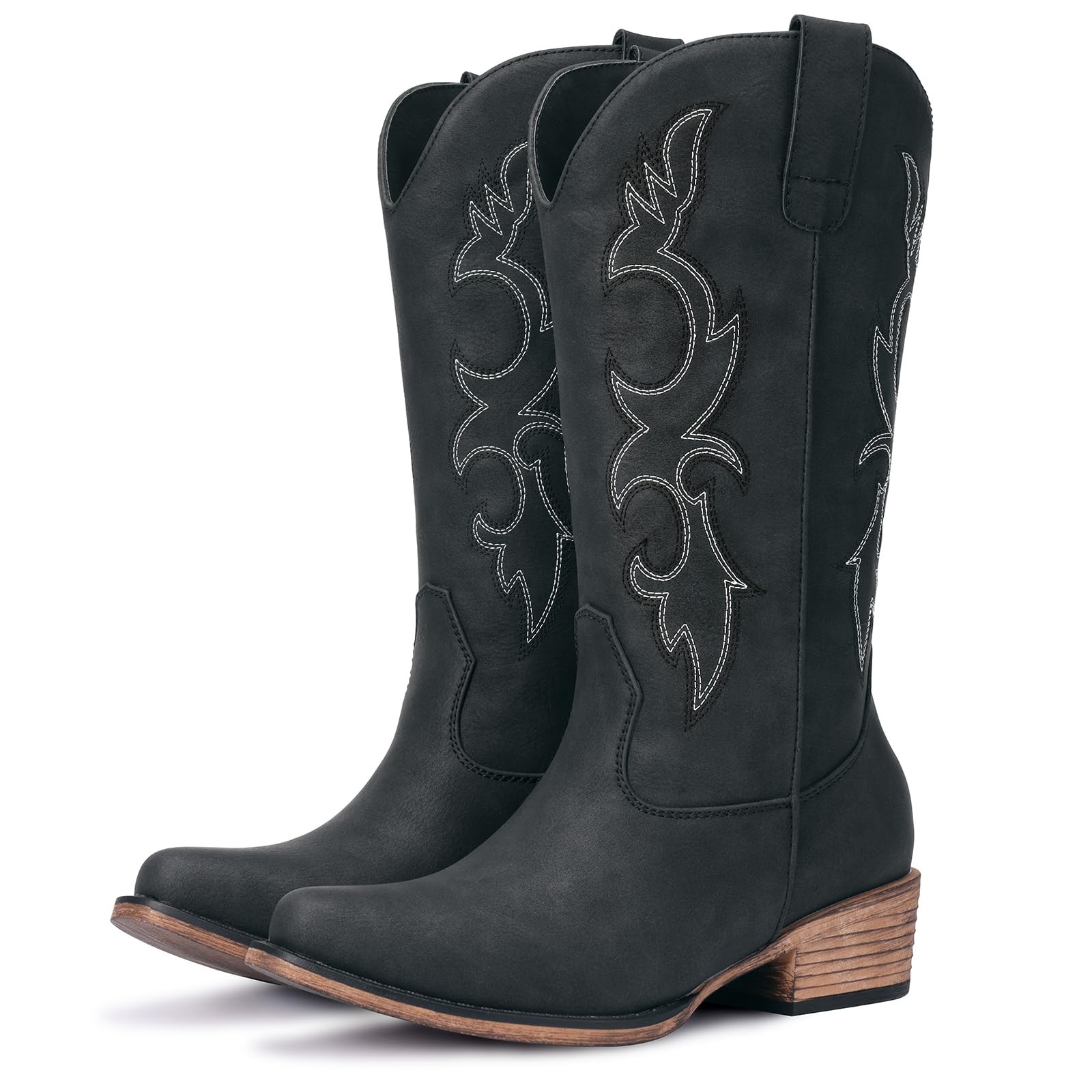 Embroidered Matte Black Cowgirl Boots Western Mid Calf