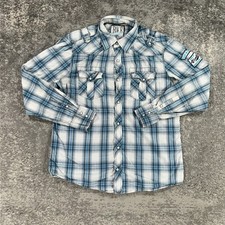 Buckle BKE Western Shirt Mens Large L Blue Plaid Pearl Snap Long Sleeve Slim Fit