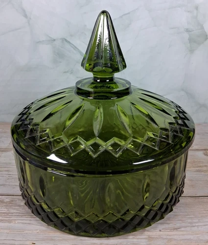 VTG Depression Green INDIANA GLASS Princess Cut Diamond Point Lidded Candy Dish