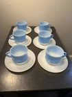 Vintage Blue & White Mosaic Fire King Cups And Saucers Stackable Made In USA