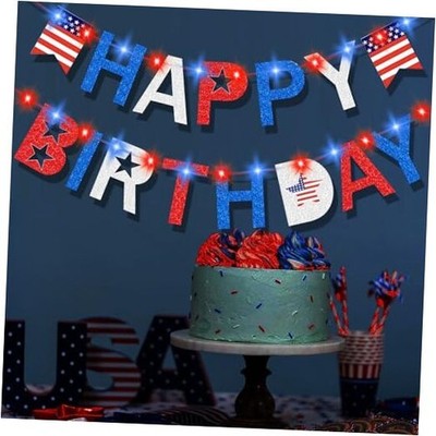 4th of July Birthday Banner with light, Happy Birthday Banner with Battery