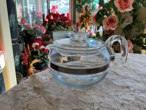 Vtg PYREX Flame Ware 8446-B Glass 6 Cup Stove Top Coffee/Tea Pot Kettle With Lid