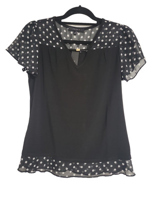 Atelier 29 Black White Polka Dot Sheer Yoke Flutter Sleeve Top NWT Women's Small