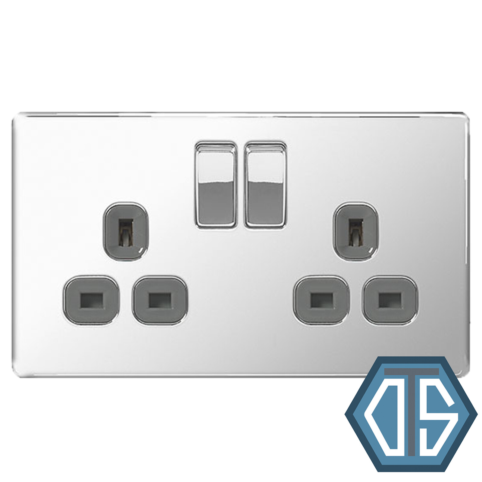 BG Screwless Flatplate Polished Chrome Double Socket 13A Grey Inserts FPC22G