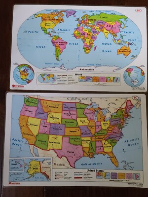 17''X11'' Laminated Double-Sided United States 2C & World Map 2D Nystrom LOT of 10