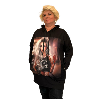 DAMEN HOODYIE LONG PULLOVER SEITENTASCHEN GESICHTSDRUCK