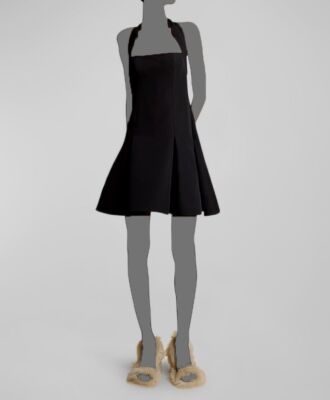 Khaite Women's Black Wool Pleated Halter Hila A-Line Dress Size 8
