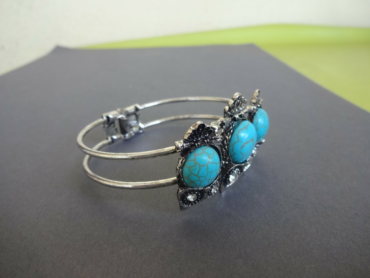 Bracelet Jonc Argenté Avec Hiboux - Pierres Turquoise Et Strass, Diamètre 6 Cm