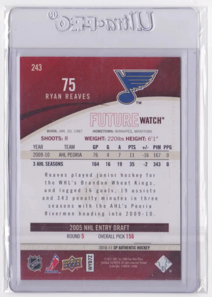 2010-11 UD SP AUTHENTIC FUTURE WATCH INSERT/999 RYAN REAVES #243 ST. LOUIS BLUES - Image 2 of 2