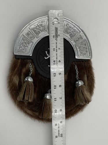 Scottish Kilt Brown Goat Skin Full Dress Sporran Celtic Antique Chrome Cantel - Picture 13 of 13