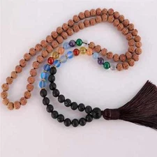 8mm 108 knot Natural Lava Rudraksha 7 chakras beads bracelet Yoga Lariat Metal