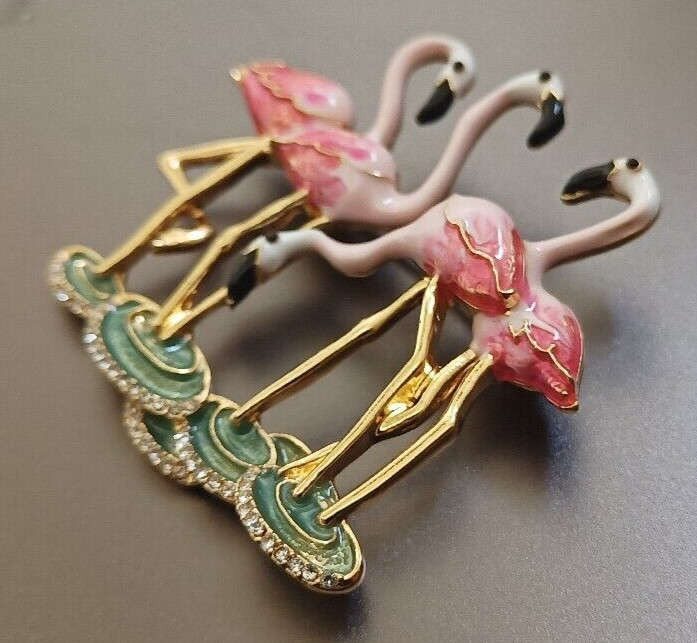 New Napier Gold Tone Flamingos with Simulated Crystals Pin