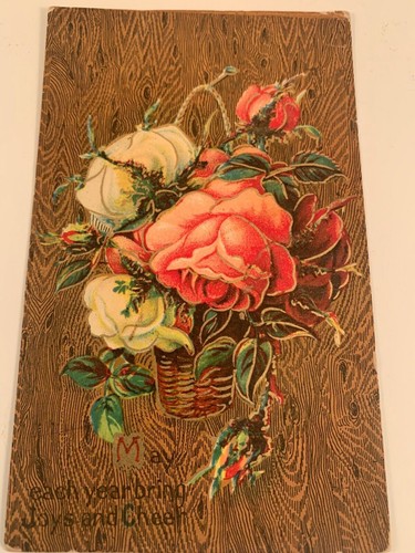 Postcard Antique 1911 Postmarked Basket Roses "May Each Year Bring Joys & Cheer" - Picture 2 of 5