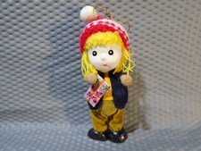 VINTAGE PLASTIC HEAD BOY WITH CLOTHES HOLDING A PRESENT 4" ORNAMENT TAIWAN