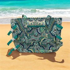 Laura Ashley Seaside Beach Tote Teal Green Blue Floral Vacation Picnic Bag