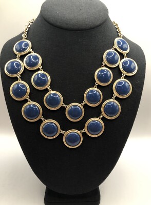 Monet Navy Blue Circles Two Layer Necklace Gold Tone 18 