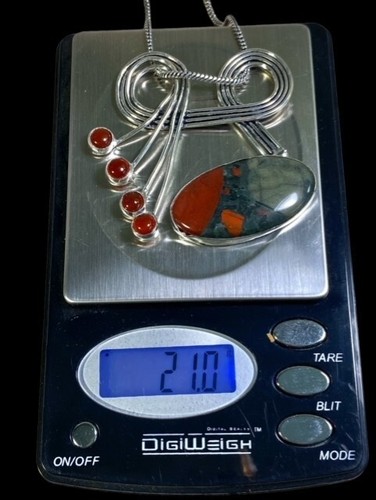 Bloodstone & Carnelian Silver 2" Pendant Necklace and 18" Chain 925 Stamped - Picture 11 of 16
