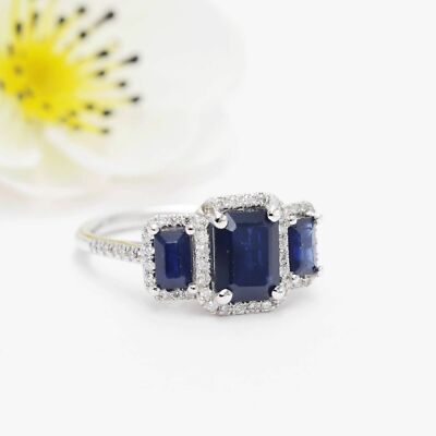 compromiso de tres piedras zafiro azul simulado de 2,6 quilates enchapado en oro blanco K | eBay