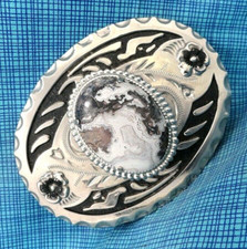 Western Belt Buckle Frosted Lace Agate Cowboy Cowgirl Vintage 80s    .XTT560