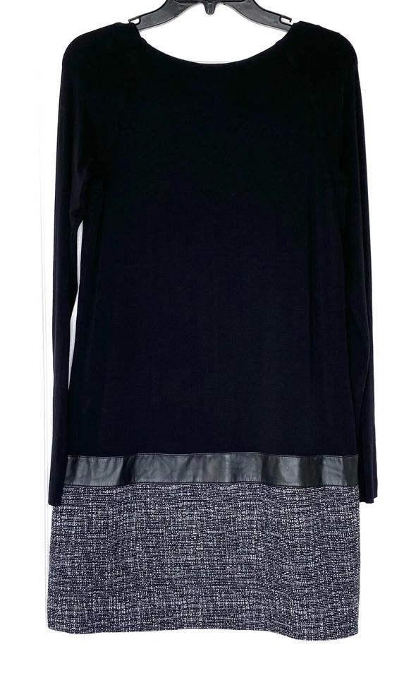 Vestido Bailey 44 Negro Blanco Tweed Flecos Cuero Manga Raglán Cremallera Expuesta M Foto 3 de 4