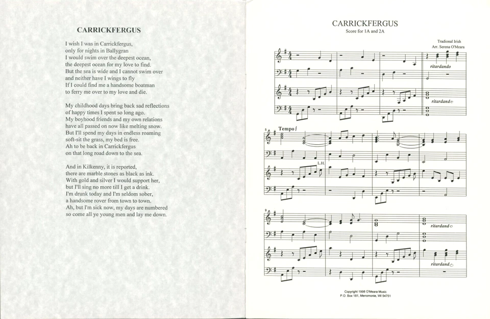 Carrickfergus Sheet Music Harp Duet 1998 Serena O'Meara Multi-level Score A B - Image 4 of 4