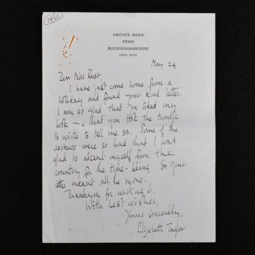 1961 Autographed Letter From the Author Elizabeth Taylor - Afbeelding 1 van 2