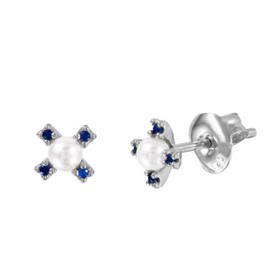 925 STERLING SILBER BLUMEN OHRSTECKER MIT LABORGEFERTIGTER PERLE & SAPHIR
