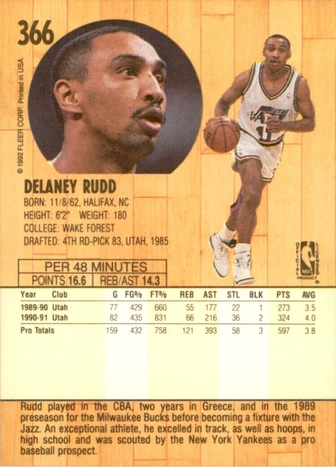 1991-92 Fleer Delaney Rudd . Utah Jazz #366 - Image 2 of 2