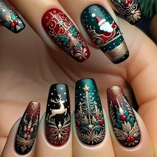 48pcs Christmas Press On Nails Santa Reindeer Glitter Holiday Festive Fake Nails