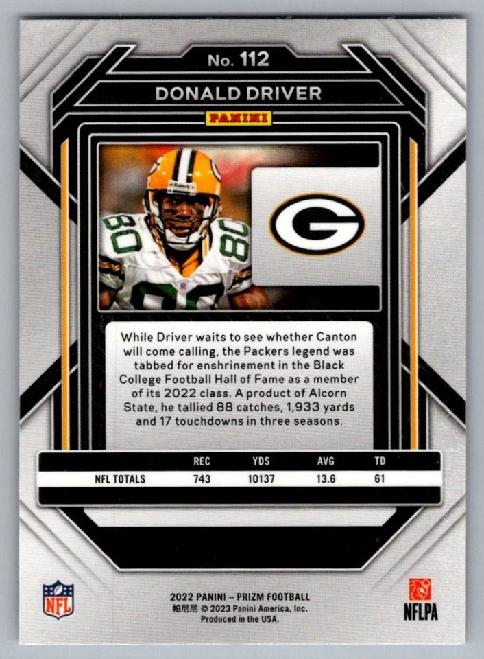 2022 Panini Prizm Donald Driver Green Bay Packers #112 - Image 2 of 2