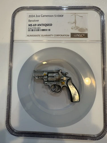 Revolver Mother of Pearl 2024 2 oz Antique Finish Silver Coin Cameroon NGC MS 69